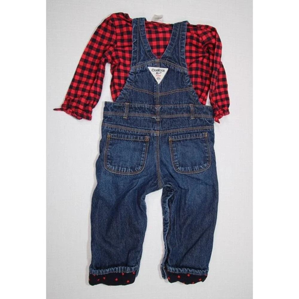 OshKosh Girls Denim Overalls Set 18M Red Plaid Heart Blue Fleece Lined 2pc